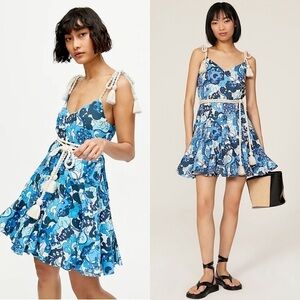 RHODE Mod Floral‎ Sleeveless Tassel Rope Tie Waist Pleated Flare Skirt Dress S